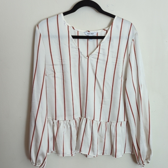 Nine West White & Orange Striped Peplum Blouse V-Neck Women's Size L - Picture 1 of 5